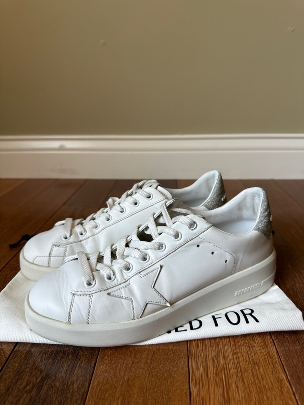 Golden Goose Purestar Lace Up Sneakers EU 38 White Leather Silver Glitter Heel
